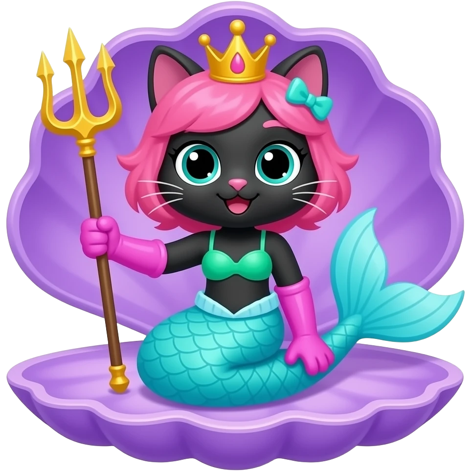 black anthro cat  happy light blue  mermaid tail with pink fins and long pink gloves  pink hair  golden crown green swimsuit sitting on an open purple clam holding a trident artistic creation, beautiful art emoji