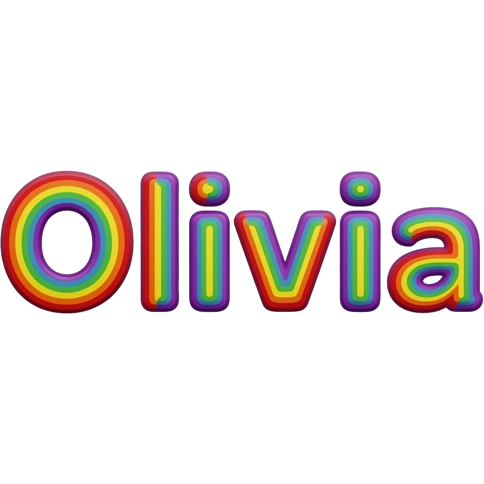 name "Olivia" in raspberry red 3D style typography lettering, each color of the rainbow as a border outlined around each letter, isolated, 3d rendering, no emoji icons no emoji faces and must have no human figures emoji