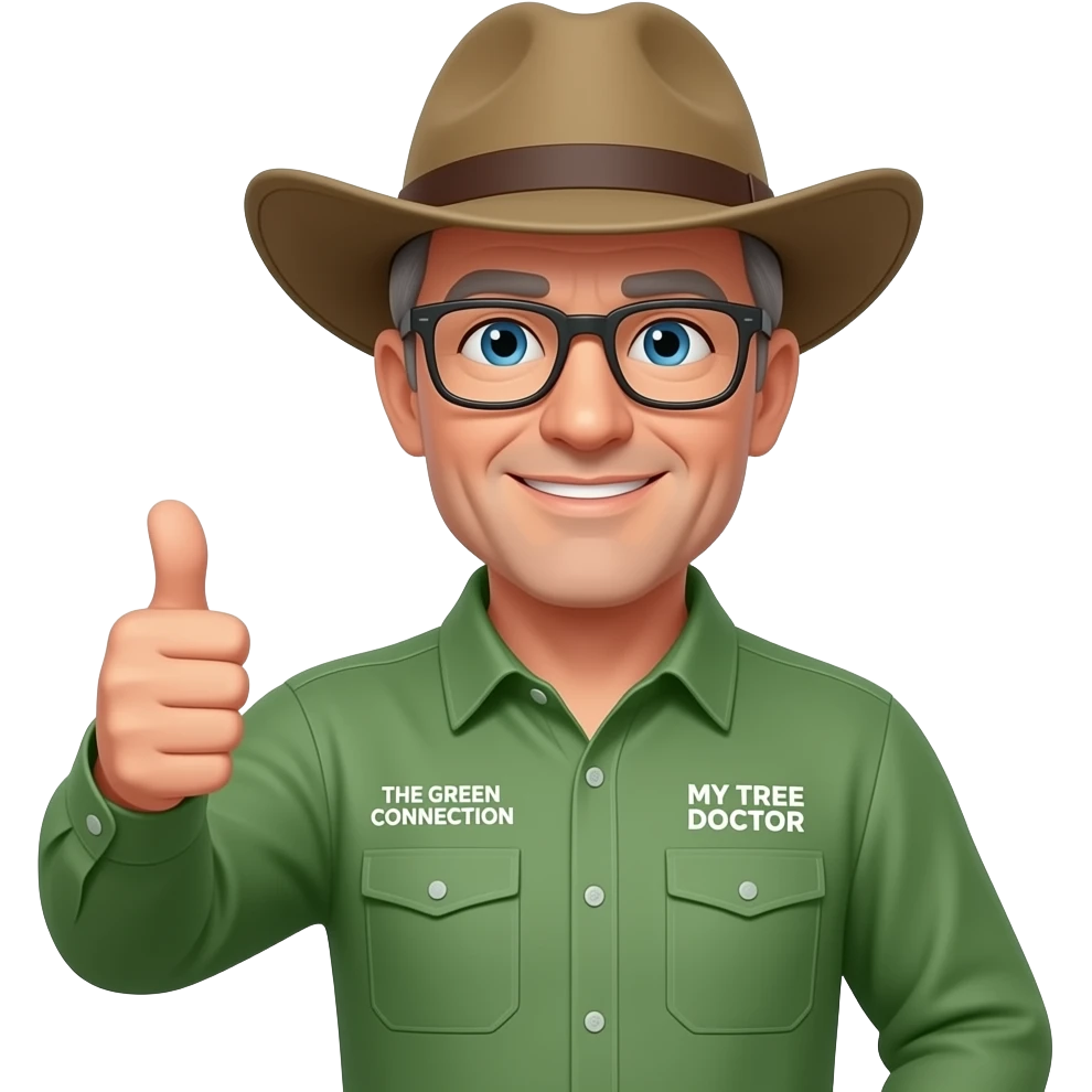 middle-aged man blue eyes. Dark-rimmed rectangle glasses, in a green-collared, long-sleeve shirt.  Flatter wider-brim Australian Akubru hat. Giving a thumbs up. Insert 'THE GREEN CONNECTION' in white directly onto the left pocket & onto the right pocket, place only the words 'MY TREE DOCTOR' emoji