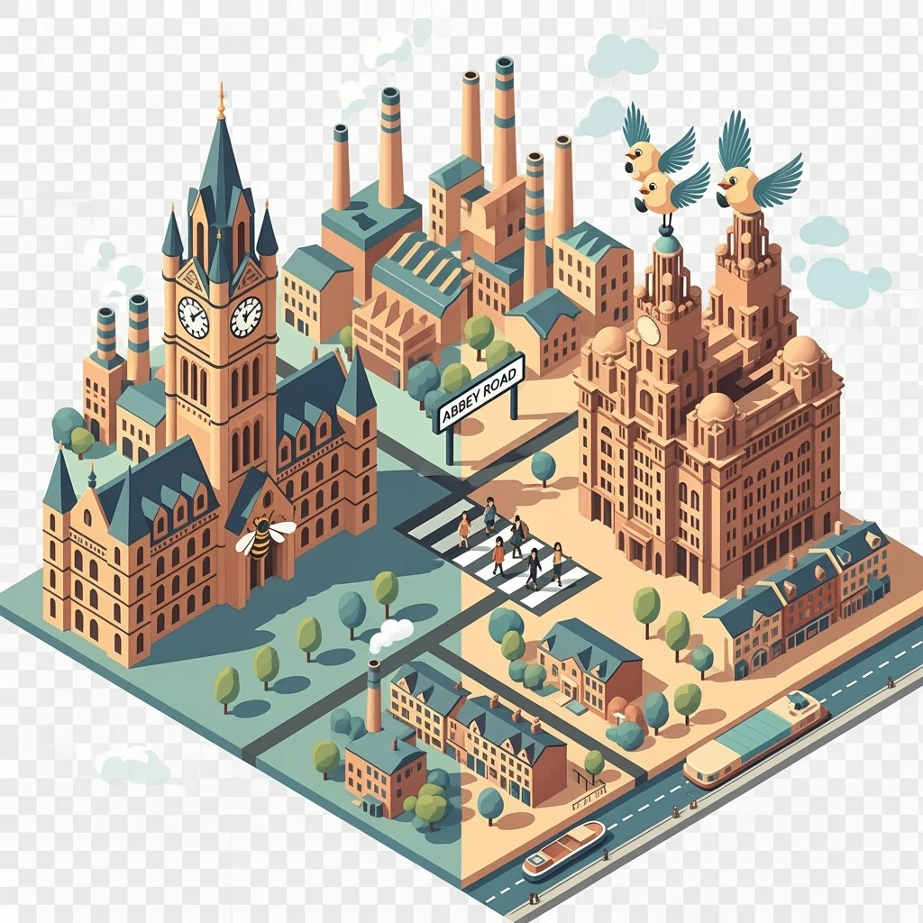Isometric illustration of Manchester and Liverpool combined, featuring Beatles references (Abbey Road sign), Manchester Town Hall, toy-style factories, muted pastel tones, transparent background emoji