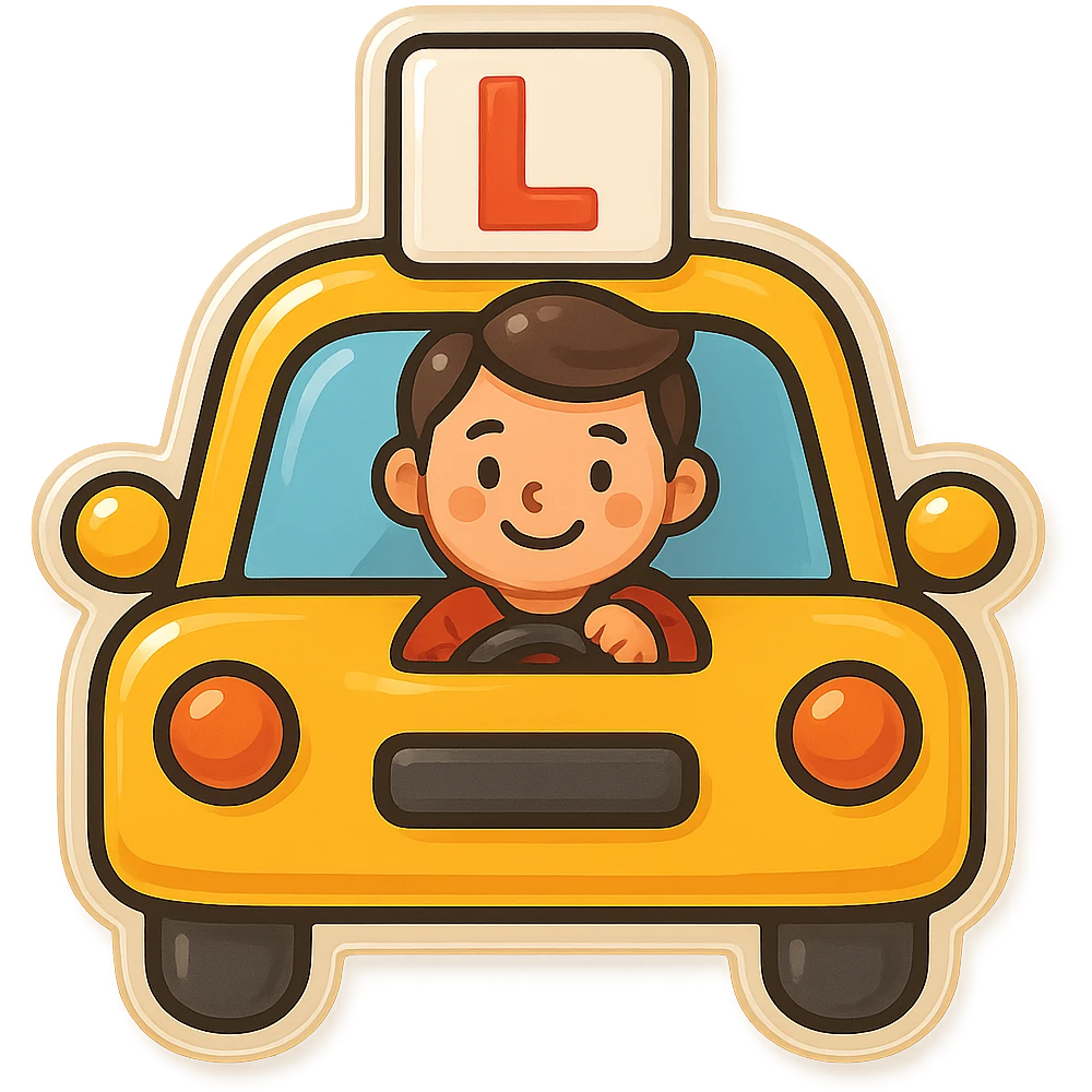 Add a visible driver inside the cute yellow car with learner symbol, keep the retro stickers style and no background. emoji
