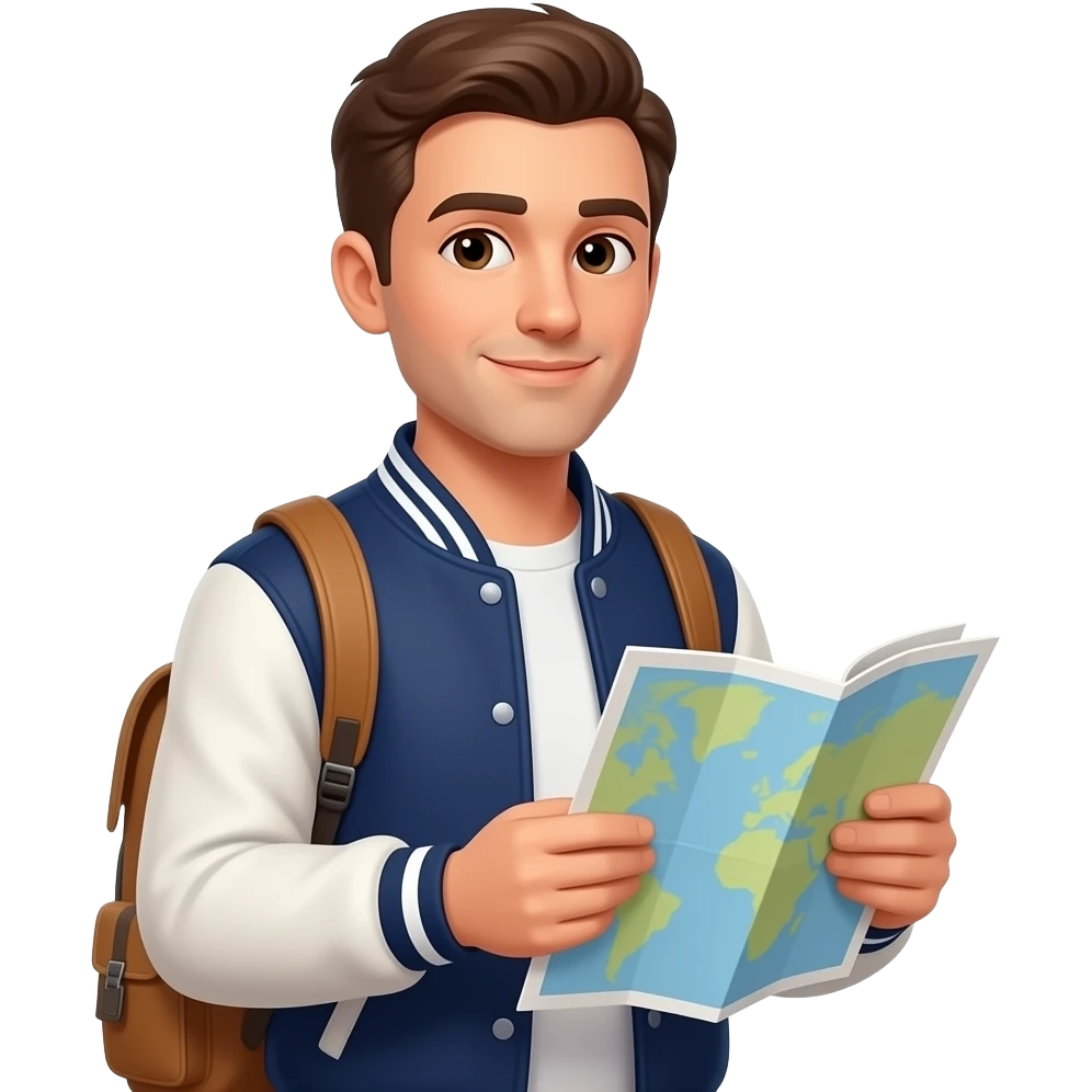 travler and map. man  wearing a navy varsity jacket. emoji