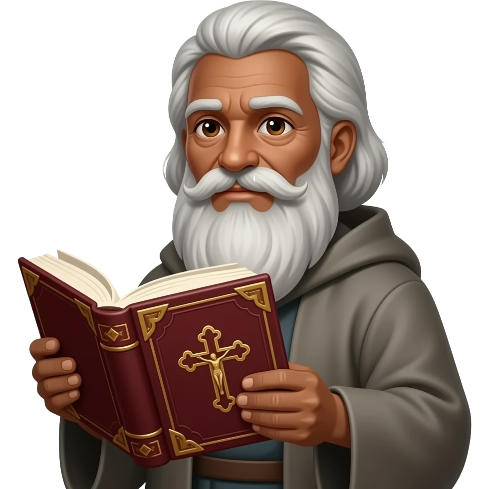 wise old man with grey hair robe slight brown eyes white beard dark skin holding burgundy book that has a cross on it emoji