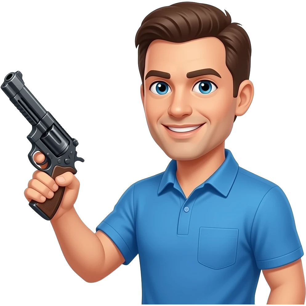 coach in a blue shirt drawing a fake pistol emoji