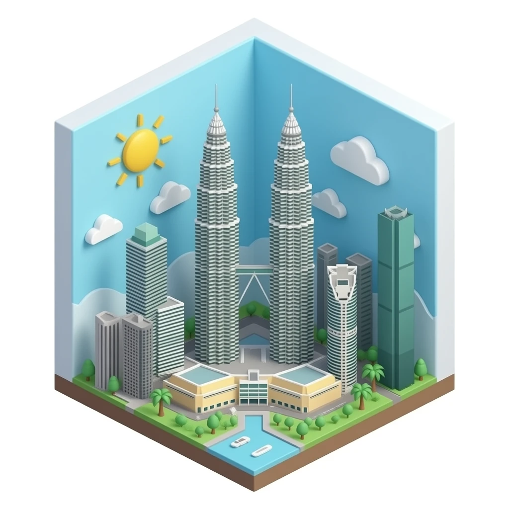 3D isometric miniature emoji of Petronas Twin Towers, with Kuala Lumpur skyline and small palm trees, cute chibi style, rounded shapes, glossy vibrant colors, soft lighting, tiny diorama, minimal background emoji