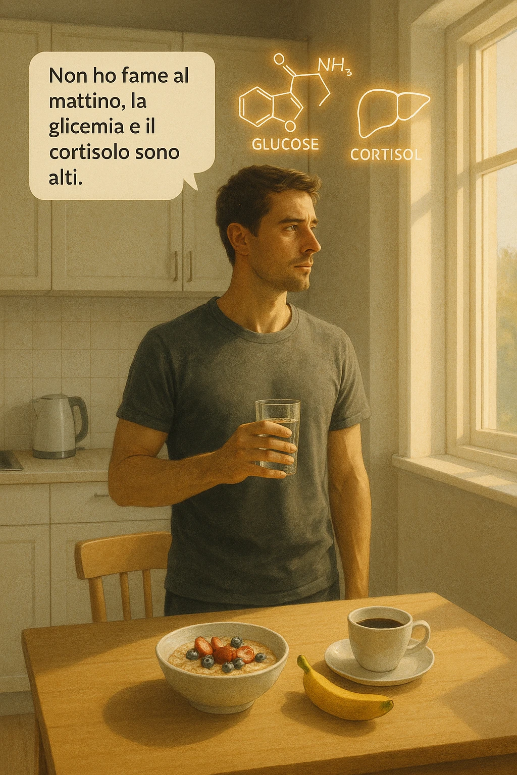 A realistic, cinematic illustration of a man in his early 30s with a lean, healthy build, standing calmly in a bright, minimal kitchen in the early morning. On the kitchen table, there is a prepared but untouched healthy breakfast (oatmeal, fruit, coffee). The man, with a neutral and focused expression, holds a glass of water while looking out of the window where morning sunlight enters. Above him, subtle glowing medical icons display: a glucose molecule, a cortisol hormone symbol, and a liver icon, indicating high morning blood sugar and cortisol levels. A small speech bubble or text overlay says: ‘Non ho fame al mattino, la glicemia e il cortisolo sono alti.’ The scene conveys a sense of calm, clarity, and body awareness, showing that the man consciously avoids breakfast due to physiological signals rather than restrizione. The style is realistic, warm, with a slight film grain, emphasizing health and conscious self-regulation. emoji