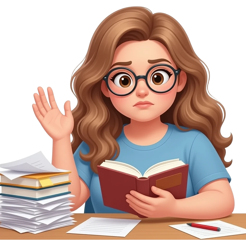 detailed emoji illustration of a curvy woman with long light brown wavy hair, light brown eyes and round glasses reading a book while ignoring a pile of tasks or papers beside her, procrastination reader mood, cute emoji style emoji