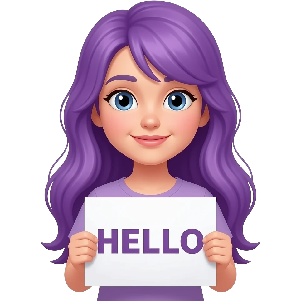 girl with long purple hair with a  HELLO sign emoji
