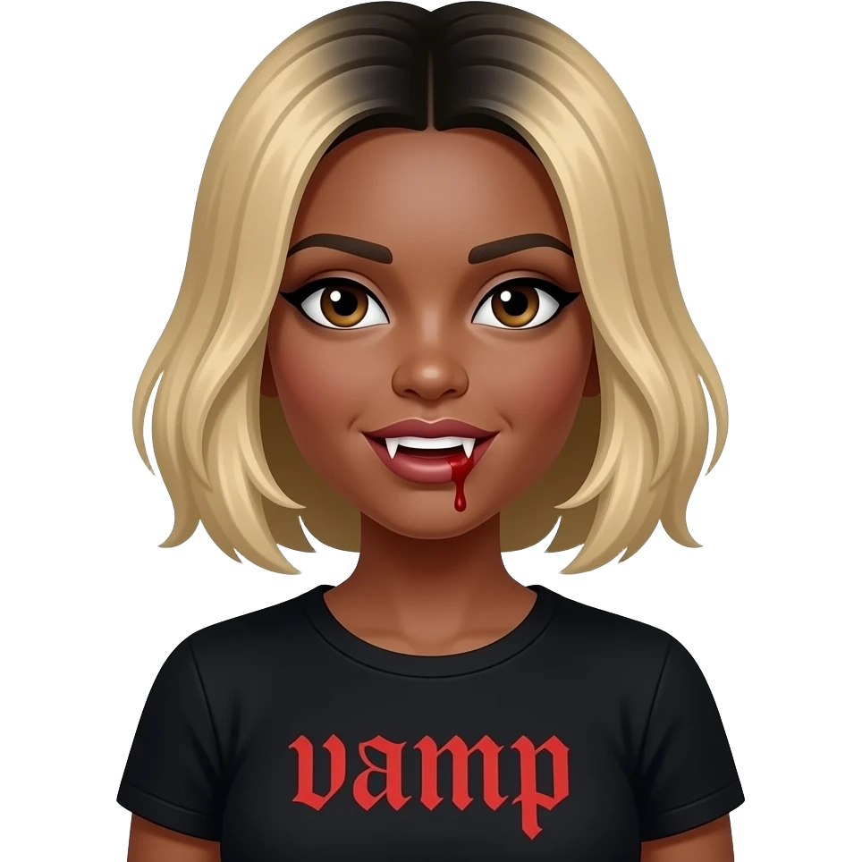 women blond medium short hair face looking to the side with black roots, black skin, brown eyes, black tee shirt vamp writen on shirt, dracula teeth with blood on the fangs emoji