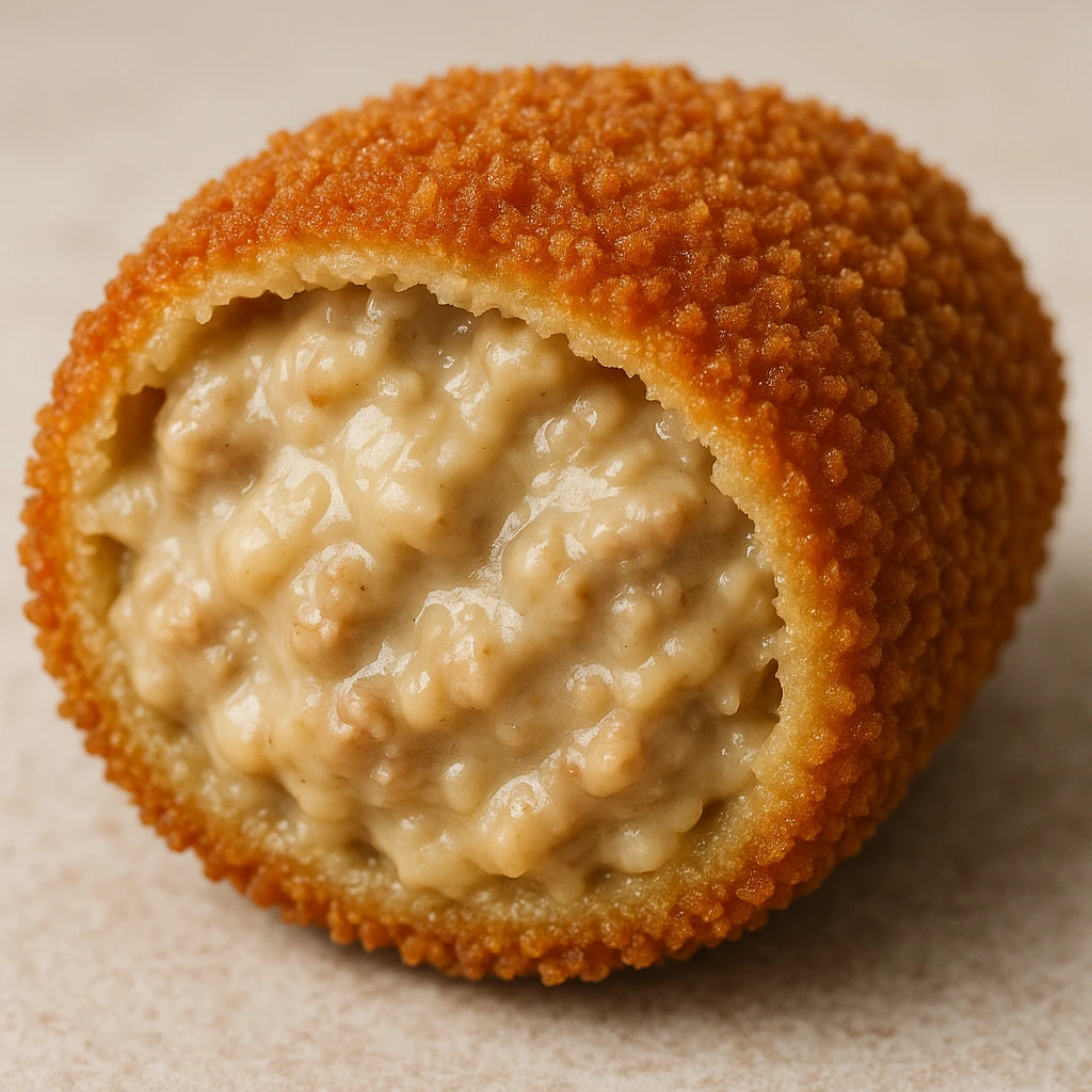 Dutch kroket cut open to show creamy filling, appetizing emoji