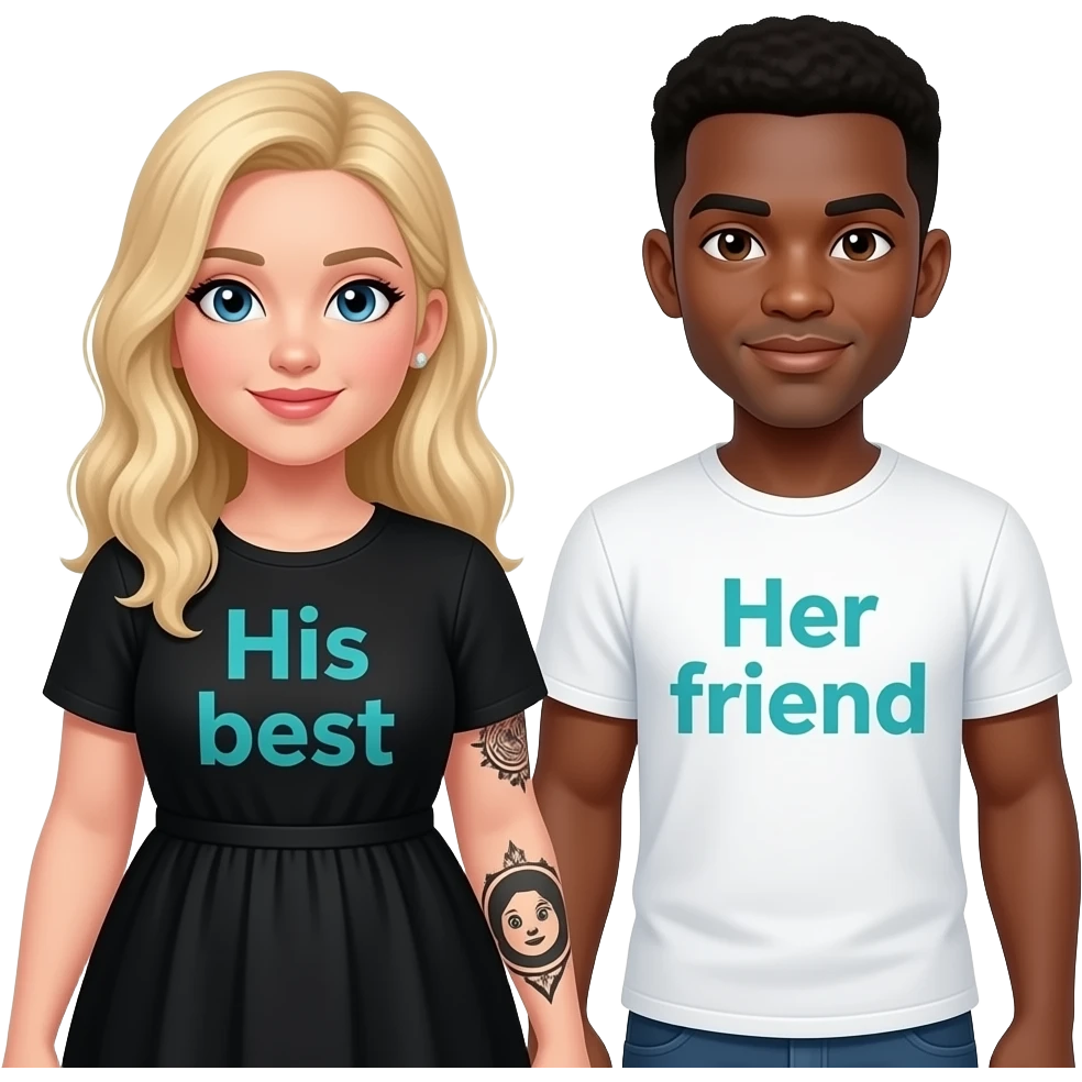 Plus size Blonde girl with blue eyes with black tattoos on right lower arm wearing a black summer dress with saying “ His best” written in teal writing and African American man with black hair with brown eyes NO facial hair with saying “Her friend“ on his shirt emoji