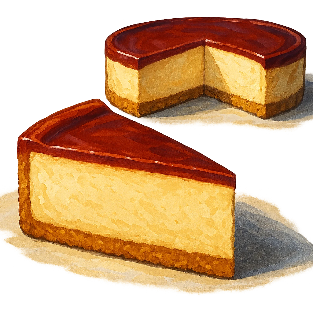 В слегка рисованном, но при этом ярком и объемном стиле с четкими линиями составь фотореалистичную композицию, где лежит кусок чизкейк, вырезанный из целого торта, профессиональный свет, подчеркивающий объем, сделай картинку более широкой, прозрачный фон emoji
