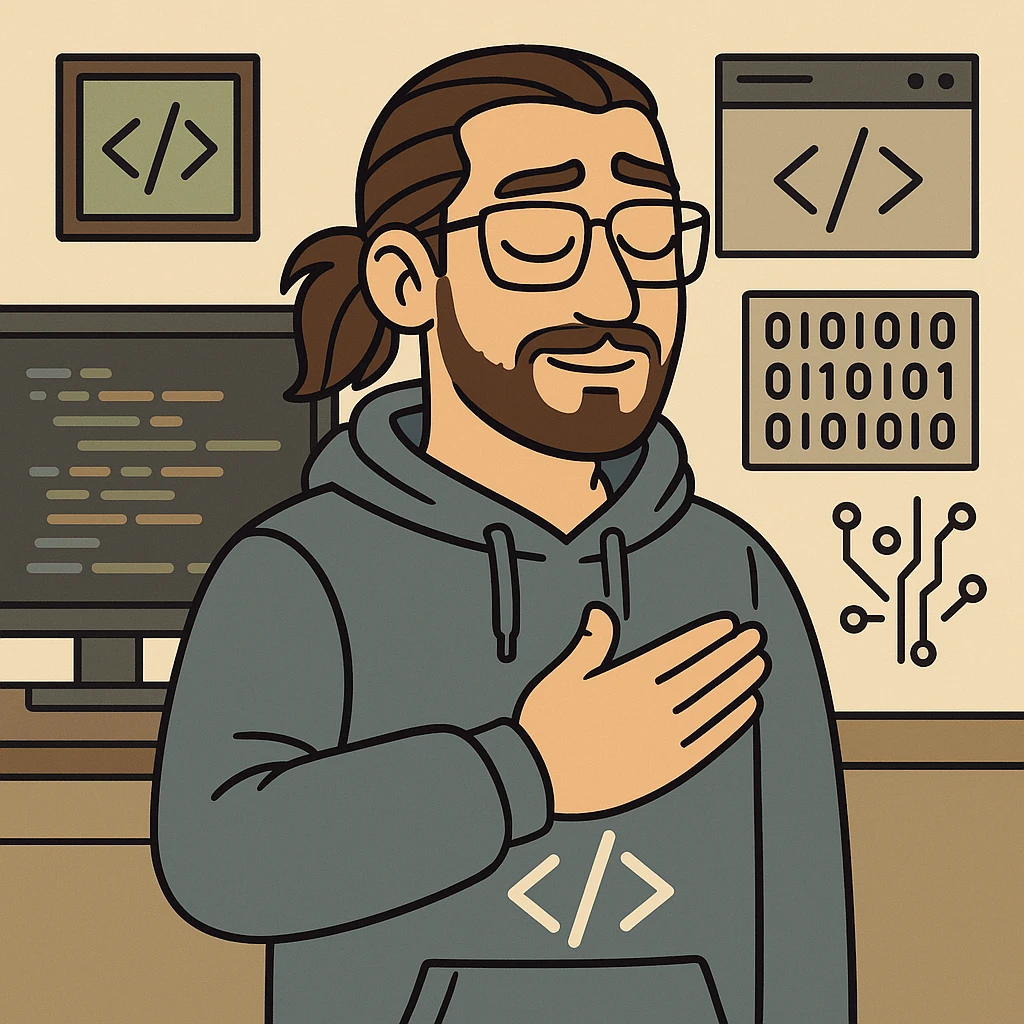 male software developer making 'eyvallah' gesture, right hand on chest, long brown hair tied back, glasses, short beard, light tan skin, wearing a hoodie with </> logo, tech and code background emoji