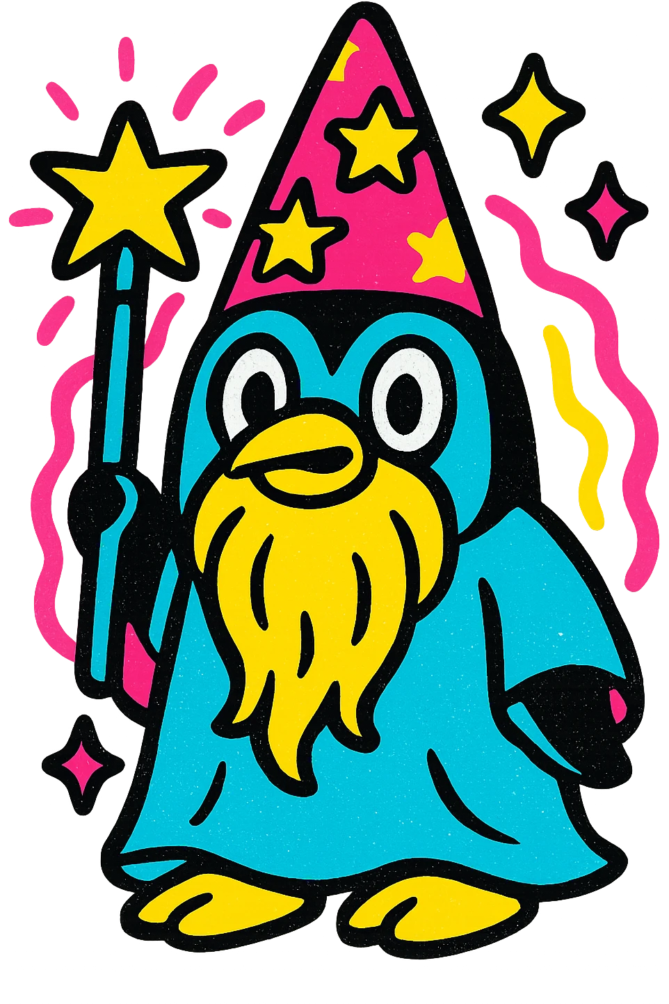 stylized penguin wizard with a long beard, magical aura, starry hat, bold graphic style, pop colors icon style emoji