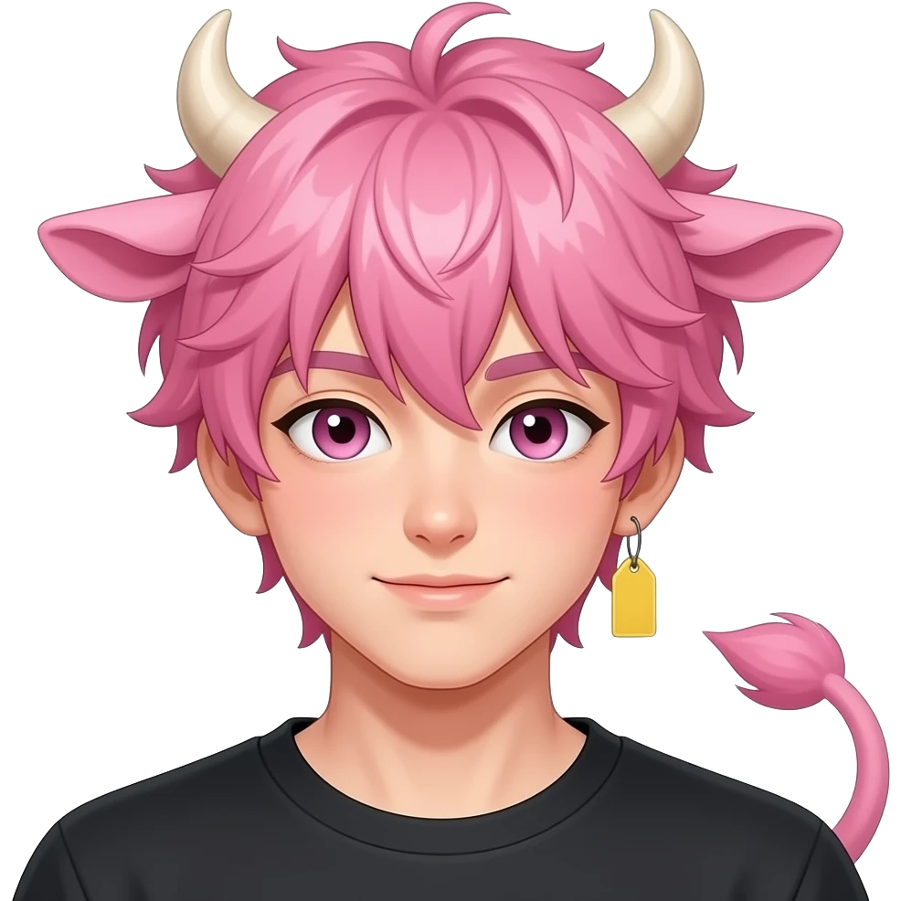 anime femboy with messy cotton candy pink curvy bangs with cow horns and pink cow ears with pink cow tail with white eyelashes and blus with yellow tag in his cow ear a bright blush emoji