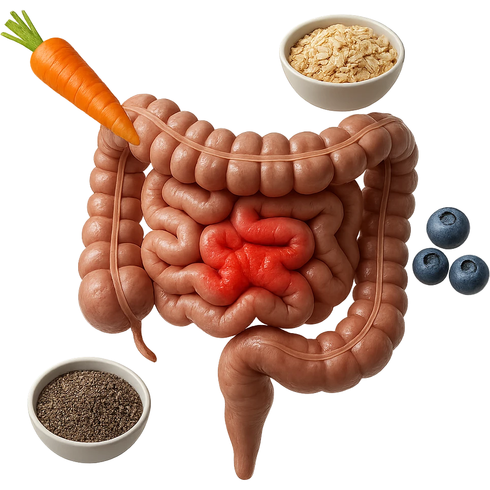 intestino umano anatomico infiammato al centro con carota, bowl di avena, mirtilli, bowl di semi di chia che gli fluttuano intorno , iperrealistico 4k emoji