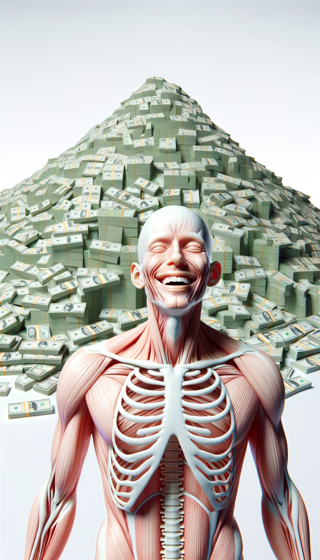 corpo umano anatomico sereno e felice con una montagna di soldi davanti, espressione stupita, iperrealistica 4k, isolato su sfondo bianco emoji