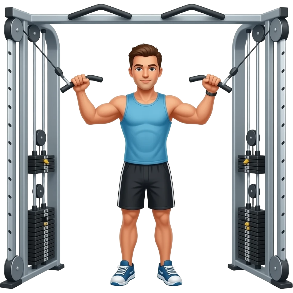 guy workout in gym with cable machine standing chest press around cable handle in each hand emoji