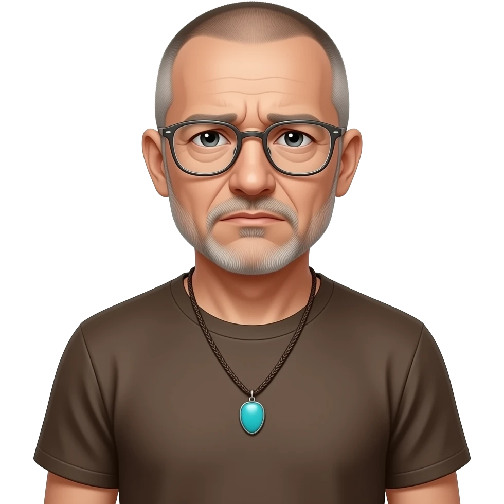 Turquoise pendant on brown paracord t shirt sad almost bald shaved short hair full-length photo of extreme streetwear clean-shaven face cool boy thin metal-framed glasses ery entellectual man, 60 years old, street wear stubble, shaved short with clippers emoji
