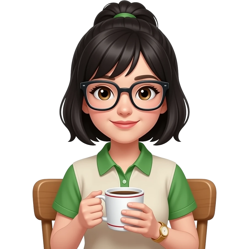 Chica de pelo negro medio recogido, ojos café claro y piel blanca con lentes oversize square GAFAS DE LEER BIEN GRANDES , camisa con cuello verde solamente y el resto beige de manga corta, sentada en una silla de madera , en la mano derecha una taza de cafe blanca con líneas rojas y un reloj dorado emoji
