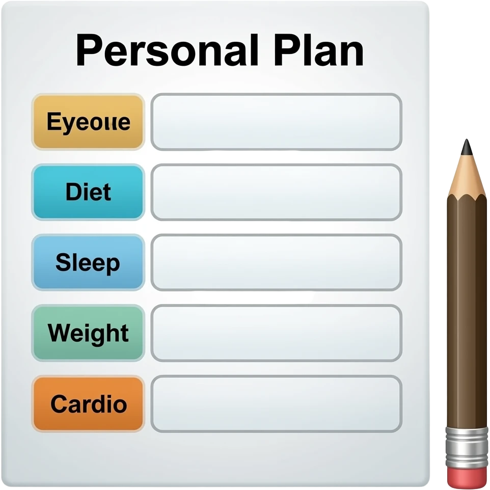 A gym workout plan, with a pencil in the corner and titled "Personal Plan," should clearly state the following: exercise diet sleep weight cardio emoji