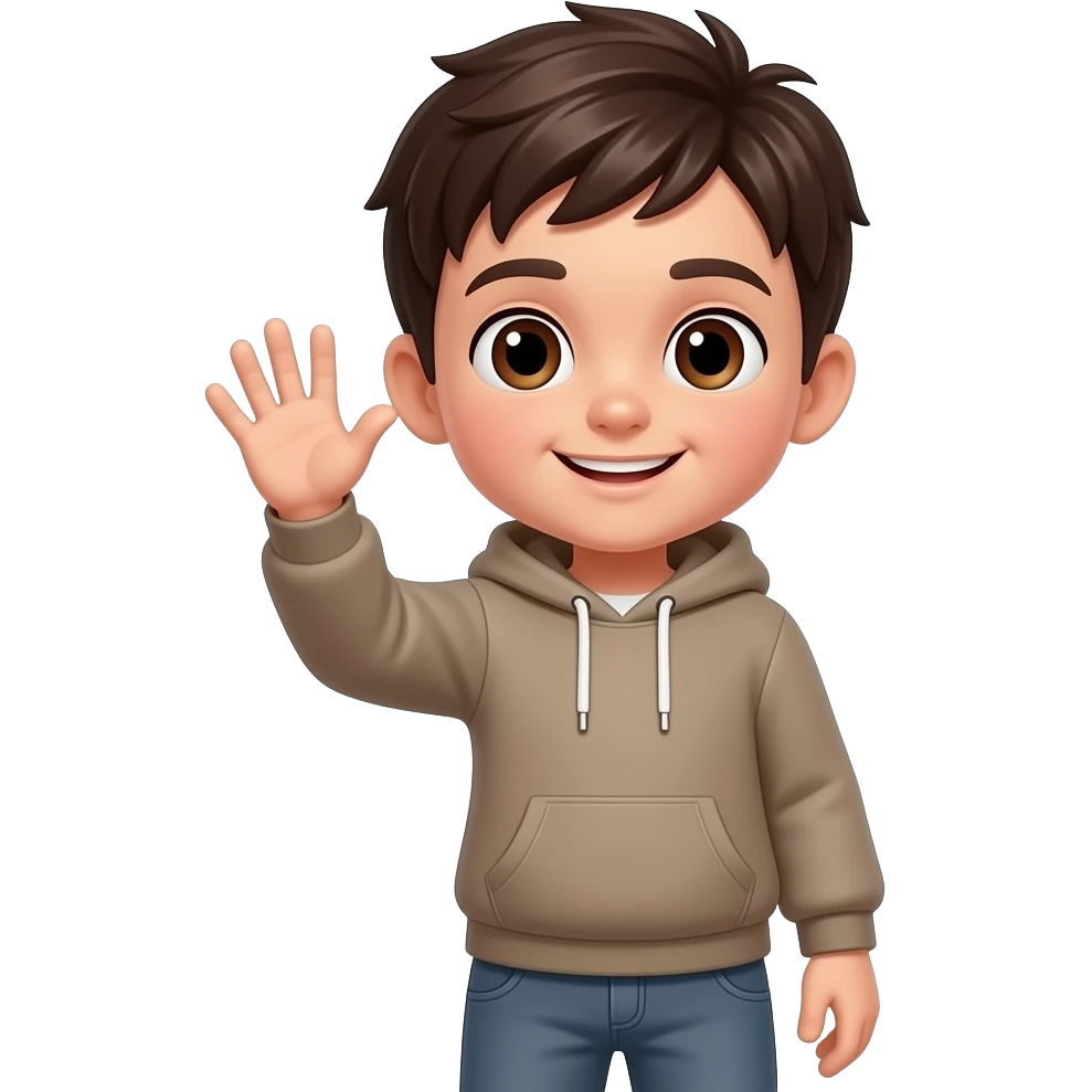 9 year old boy with short dark brown hair and brown eyes wearing a hoodie and grey pants waving hello emoji
