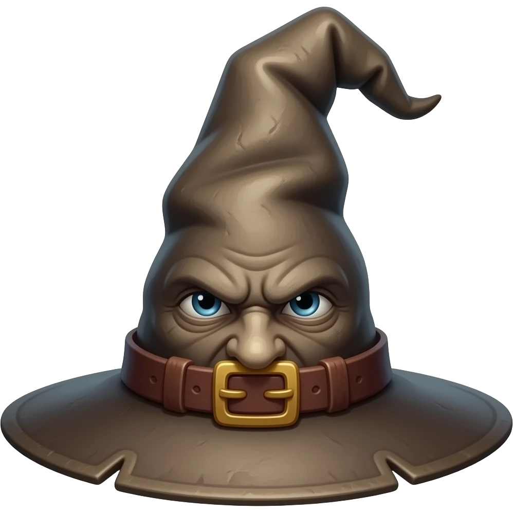 old worn wizard hat, pointed, with folds forming a face, wise serious expression, centered, 3D glossy emoji style, clean background emoji