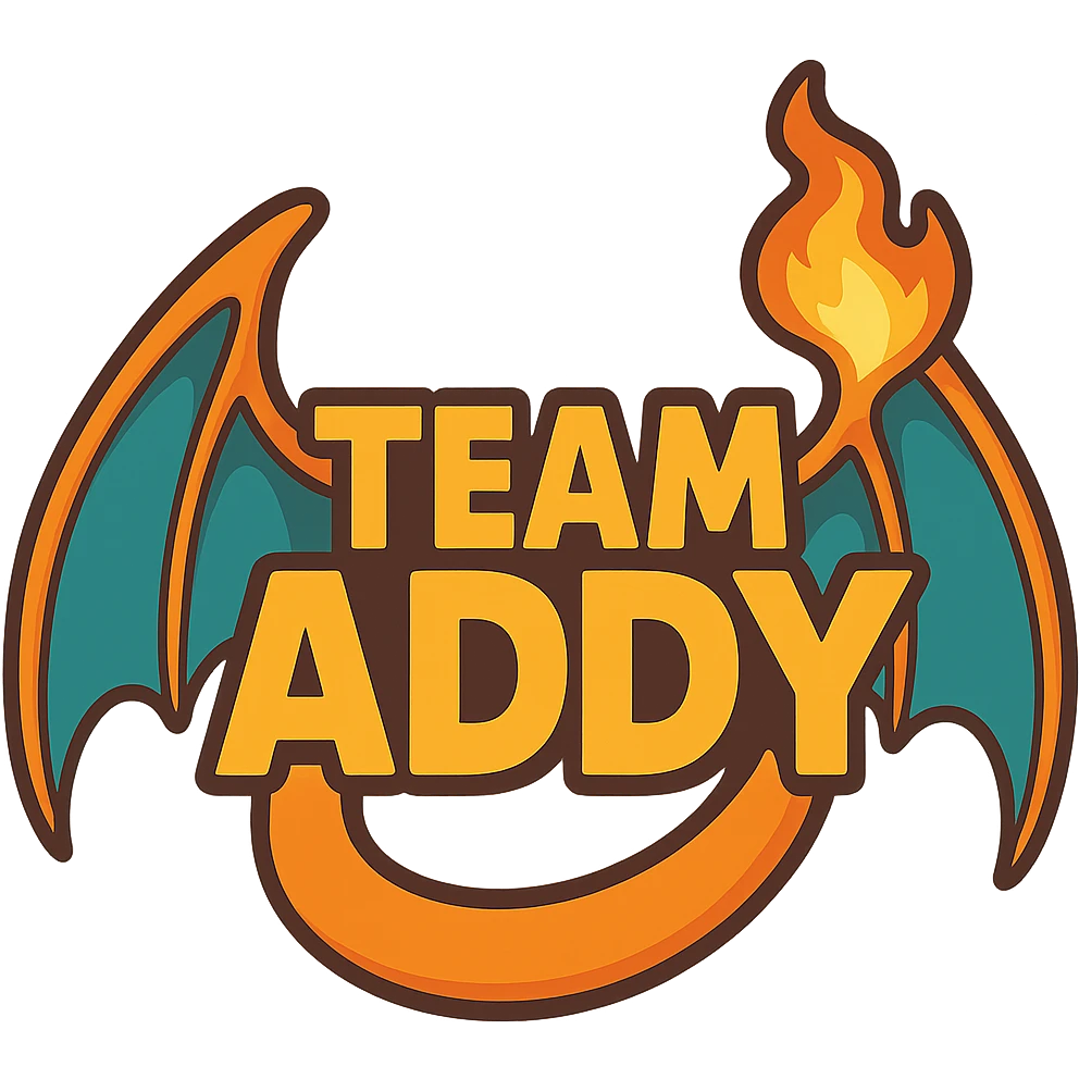 Team Addy text with Charizard-inspired wings and flame, Pokemon style, suitable for Discord emoji, vibrant and clear design emoji