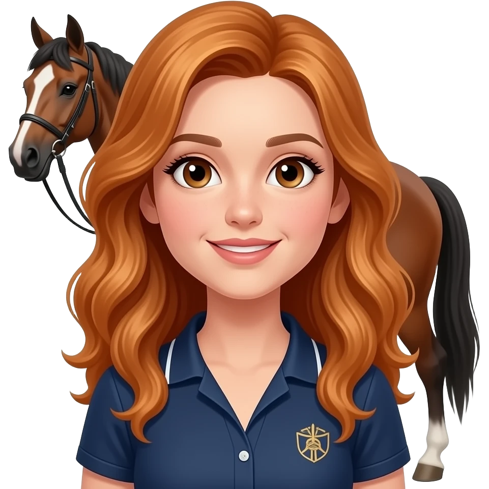 ginger hair equestrian 25 year old elite woman with wavy hair and brown eyes and a horse emoji
