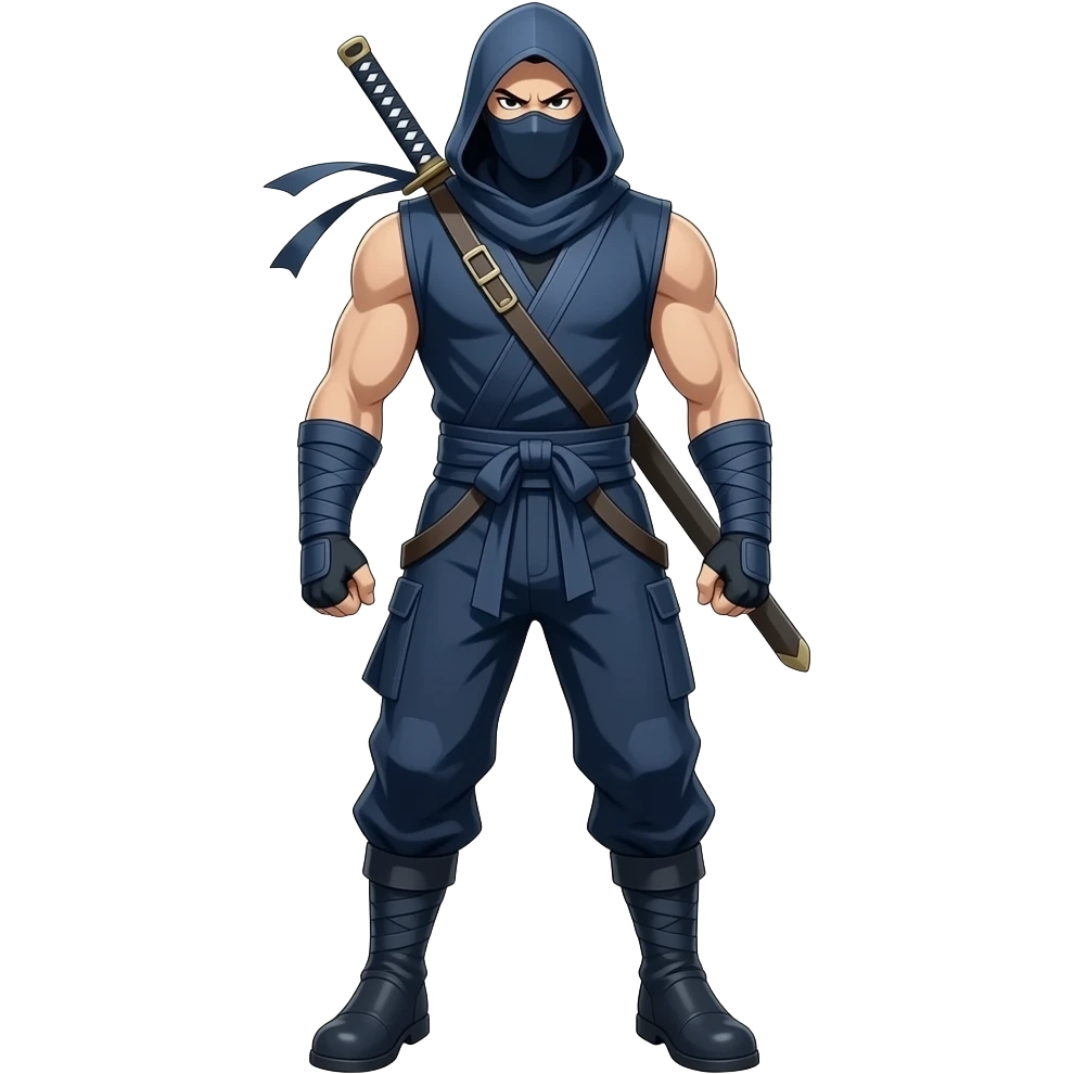 Anime ninja dark blue sleeveless hood sword in the back dark blue pants and dark blue boosts dark blue masks look superstrong very tall full body emoji