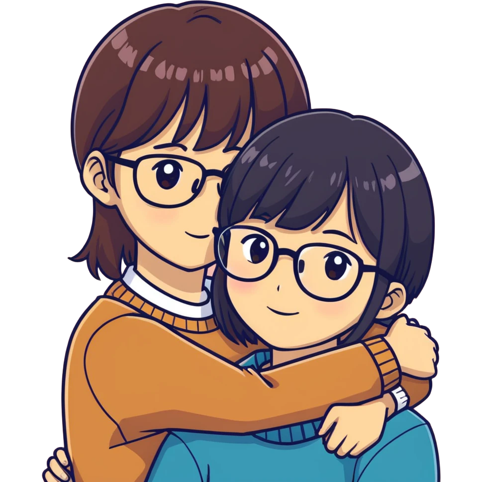 A very sweet Asian brunette girl with bangs,  dark medium hair and glasses and a brunette man with big hazel eyes, protruding ears, a stubble beard and a sharp jaw are hugging. emoji
