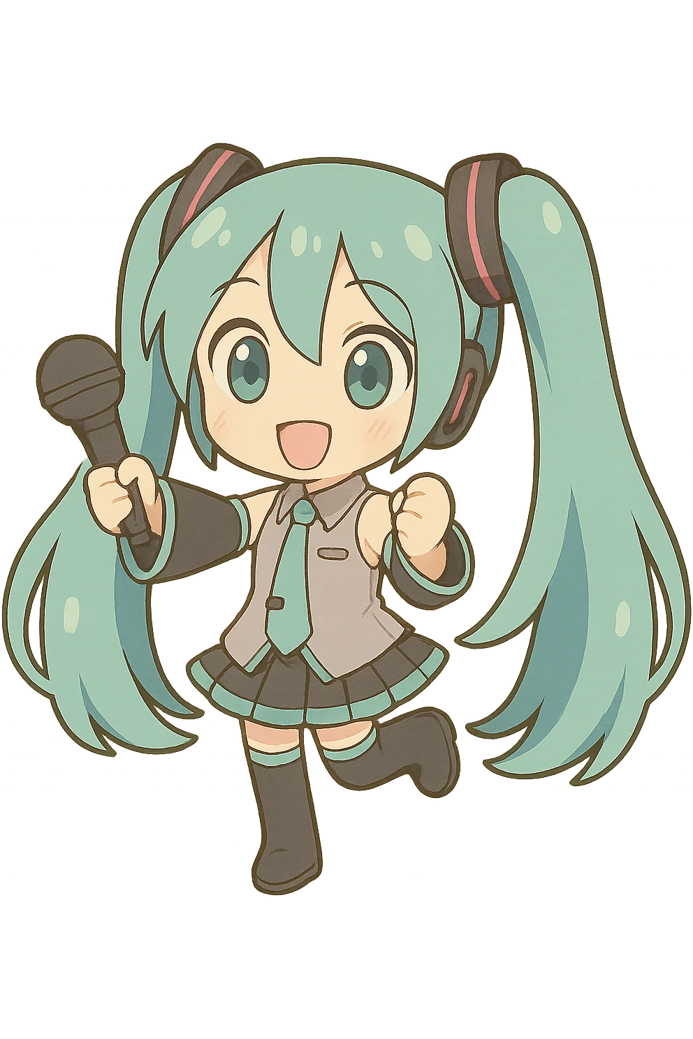 Hatsune Miku in chibi style with oversized turquoise hair, cute pose, holding a microphone instead of a leek, same chibi stickers style, no background emoji