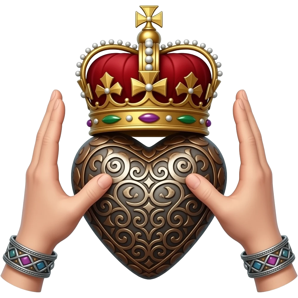 two elegant  hands with metal bracelets touch with their fingers a rusty heart richly ornamented with arabesques with a richly decorated royal crown,  (fingers are facing down and palms are facing up)   - dramatic lighting - backlight emoji