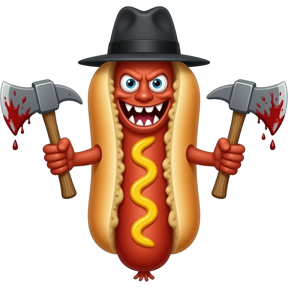 a vicious looking hot dog with sharp teeth dressed as lizzie borden holding two bloody hatchets looking evil emoji
