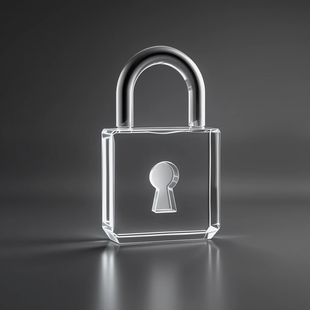 Photo of a 3d made of glass padlock, black void around symmetrical 3d render, rim light emoji