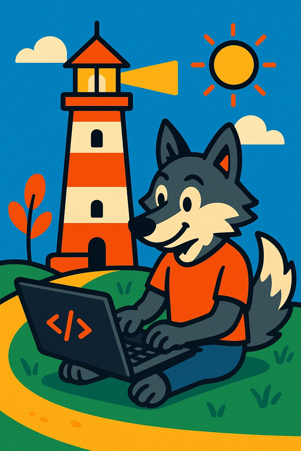 a wolf coding a lighthouse, vibrant cartoon style emoji