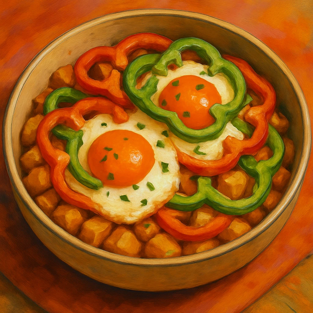 Add sliced bell peppers on top of the eggs and potatoes in the bowl, maintaining the food illustration style as in the reference image. emoji