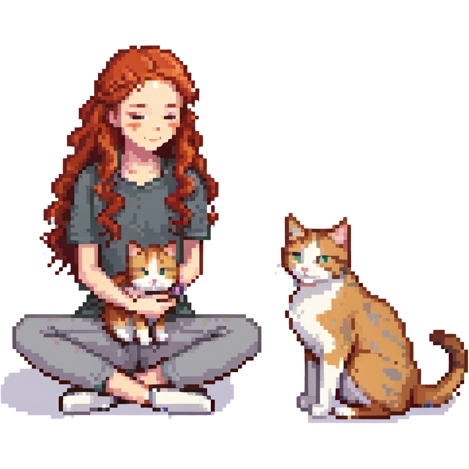 Remix: Beautiful girl with long curly red hair, inspired by the reference, petting a gray and blonde mixed cat, pixel art style, girl sitting cross-legged, cat curled beside her emoji