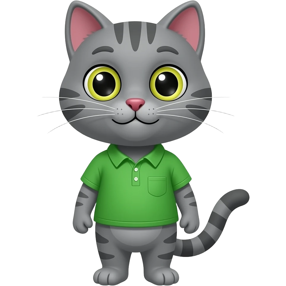 Cartoon brother gray cat wearing a green shirt standing emoji