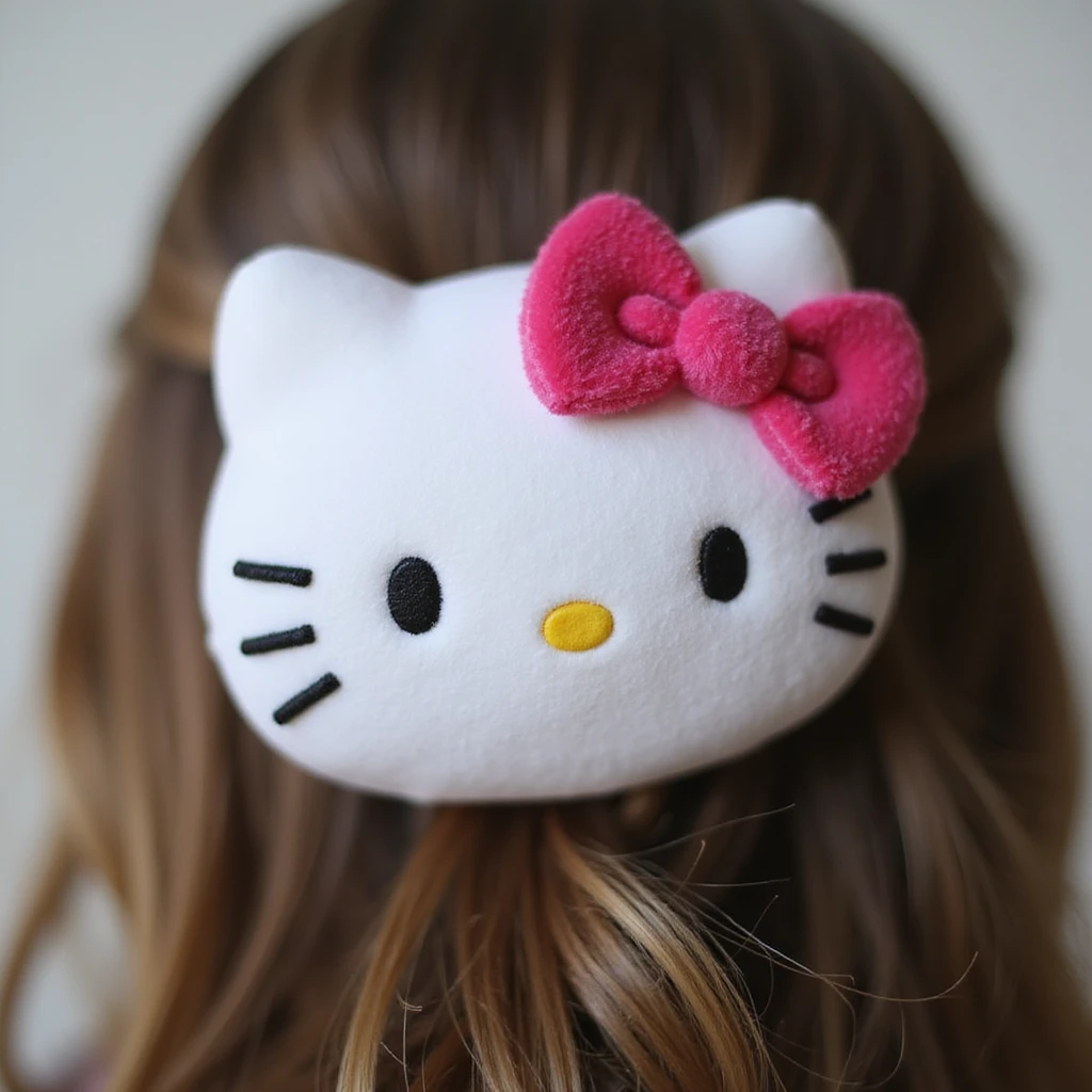 realistic Hello Kitty hair pin made of soft plush material, detailed stitching, Hello Kitty's face and bow, close-up photo emoji