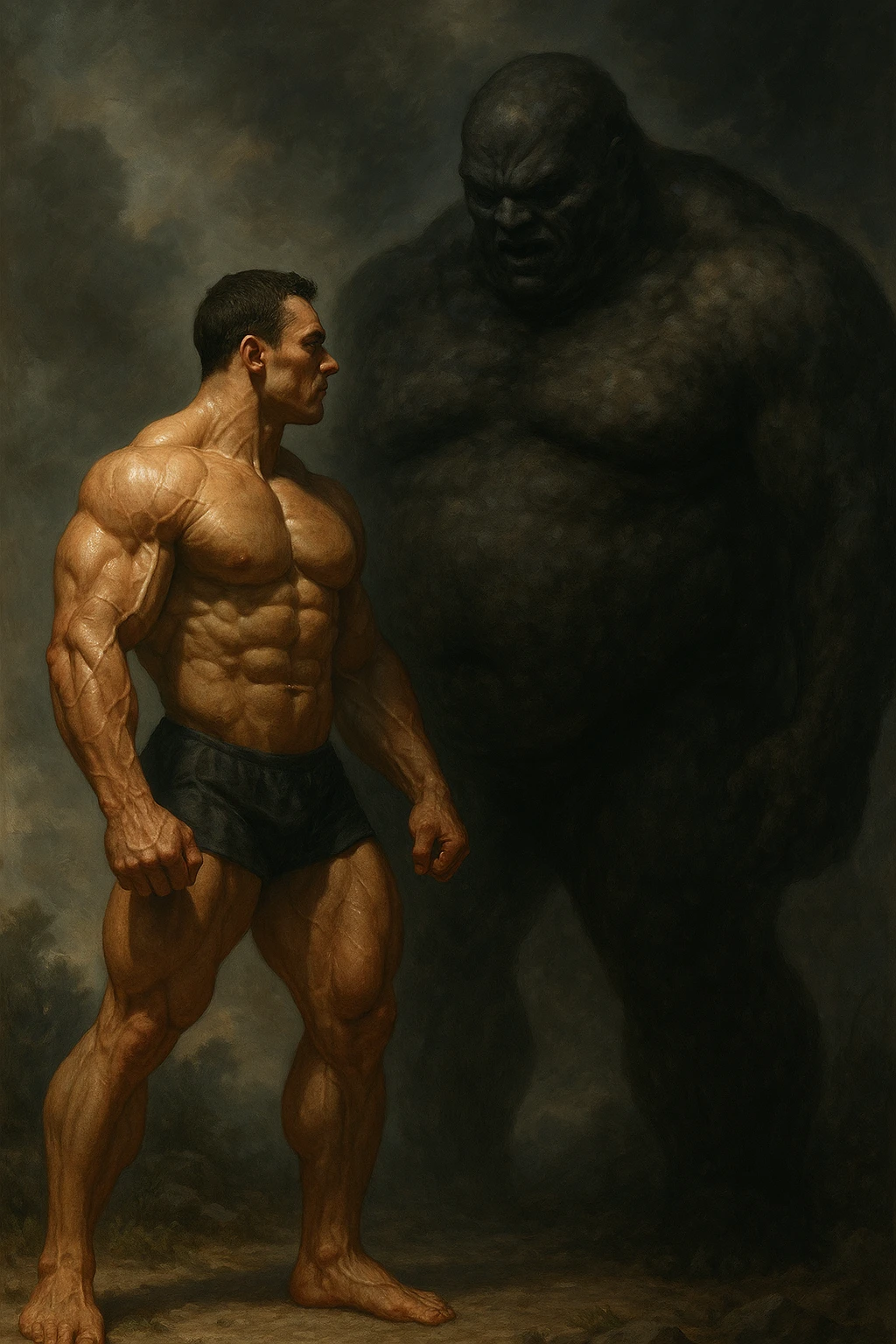 realistic scene of a muscular bodybuilder facing a menacing figure representing body fat as his enemy, dramatic atmosphere, natural details, 2:3 aspect ratio emoji