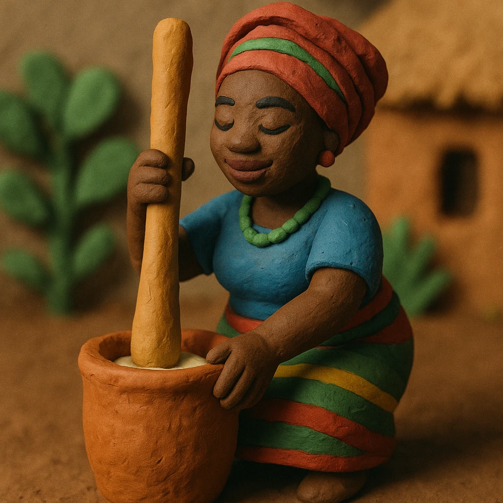 Nigerian woman pounding yam with a mortar and pestle, traditional attire, vibrant colors, handcrafted matte slightly textured claymation style emoji