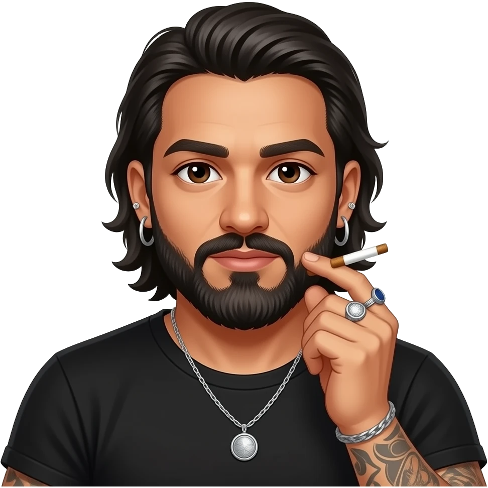 The handsome manly Latino podcast host with medium length hair, a long slightly graying beard and tattoos with his ears pierced 1 time each ear and a nose ring on the right side, dark brown eyes, wearing black, and jewelry, doing cocaine emoji