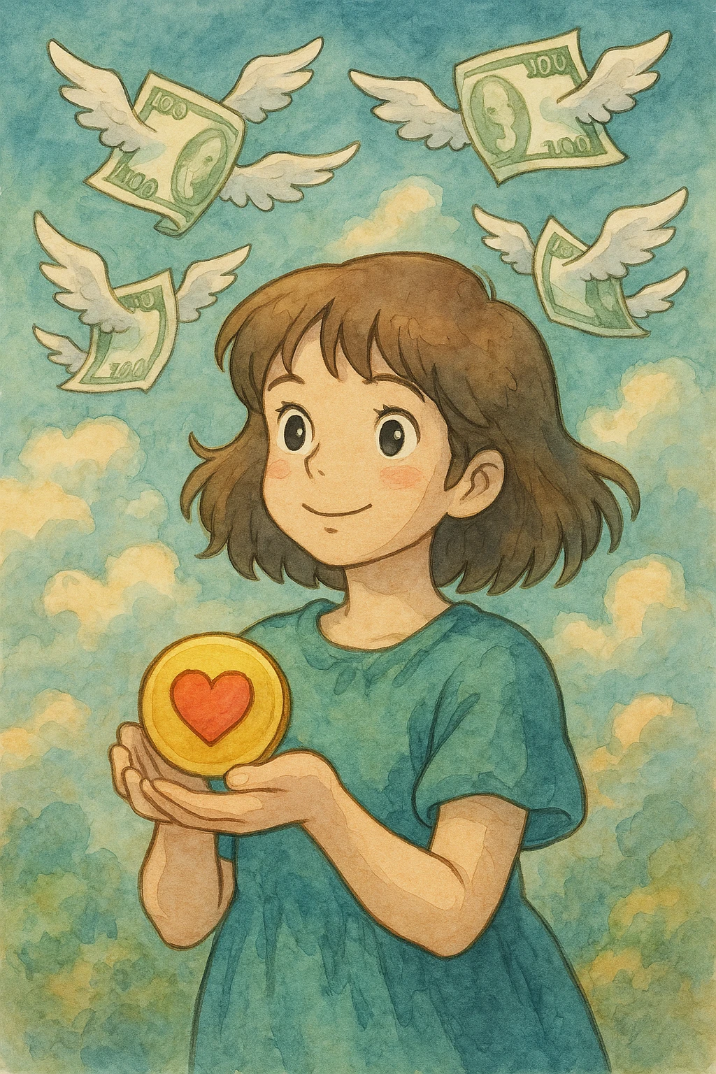 money with wings, donation emoji, ghibli style emoji