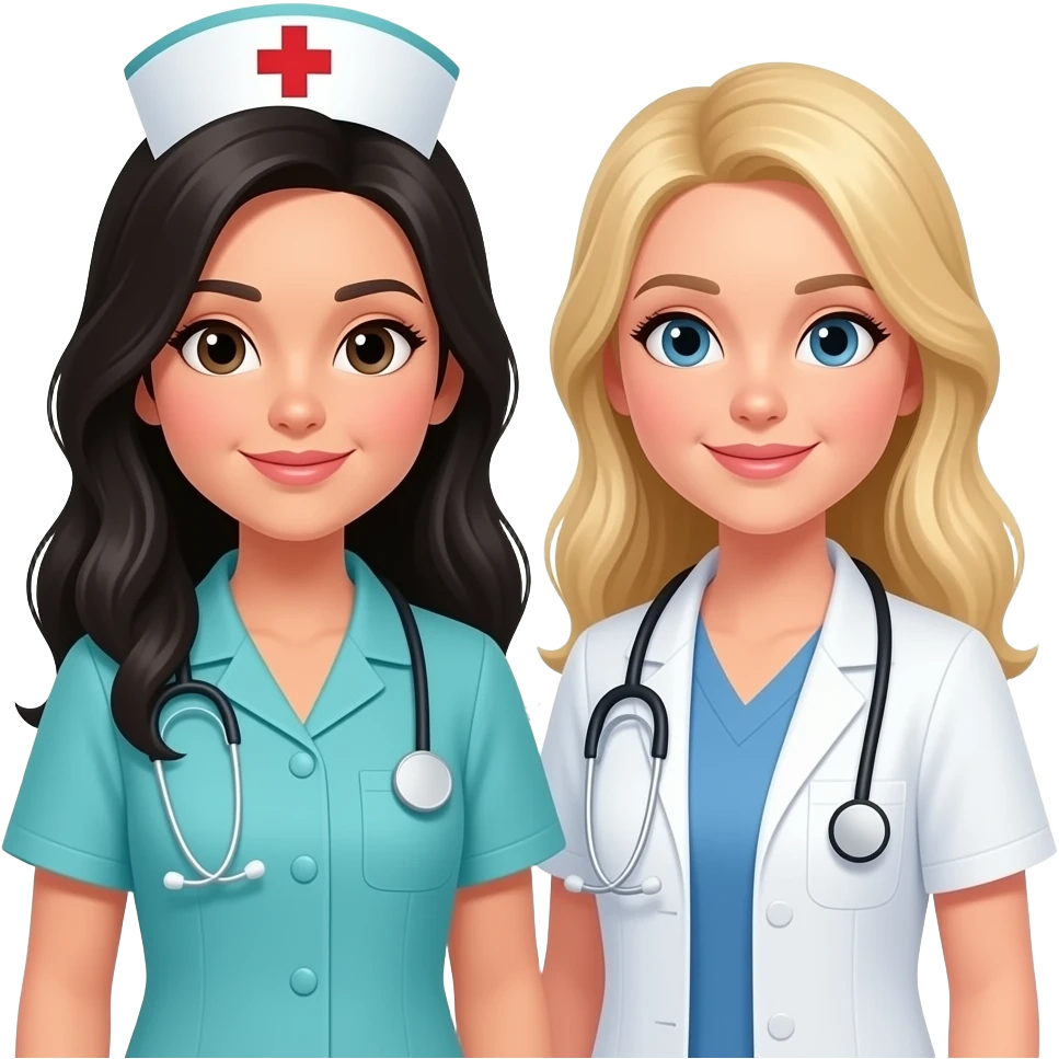 Imagen de una enfermera de piel blanca con pelo largo negro junto con una nutricionista rubia pelo largo pero que sean dos chicas emoji