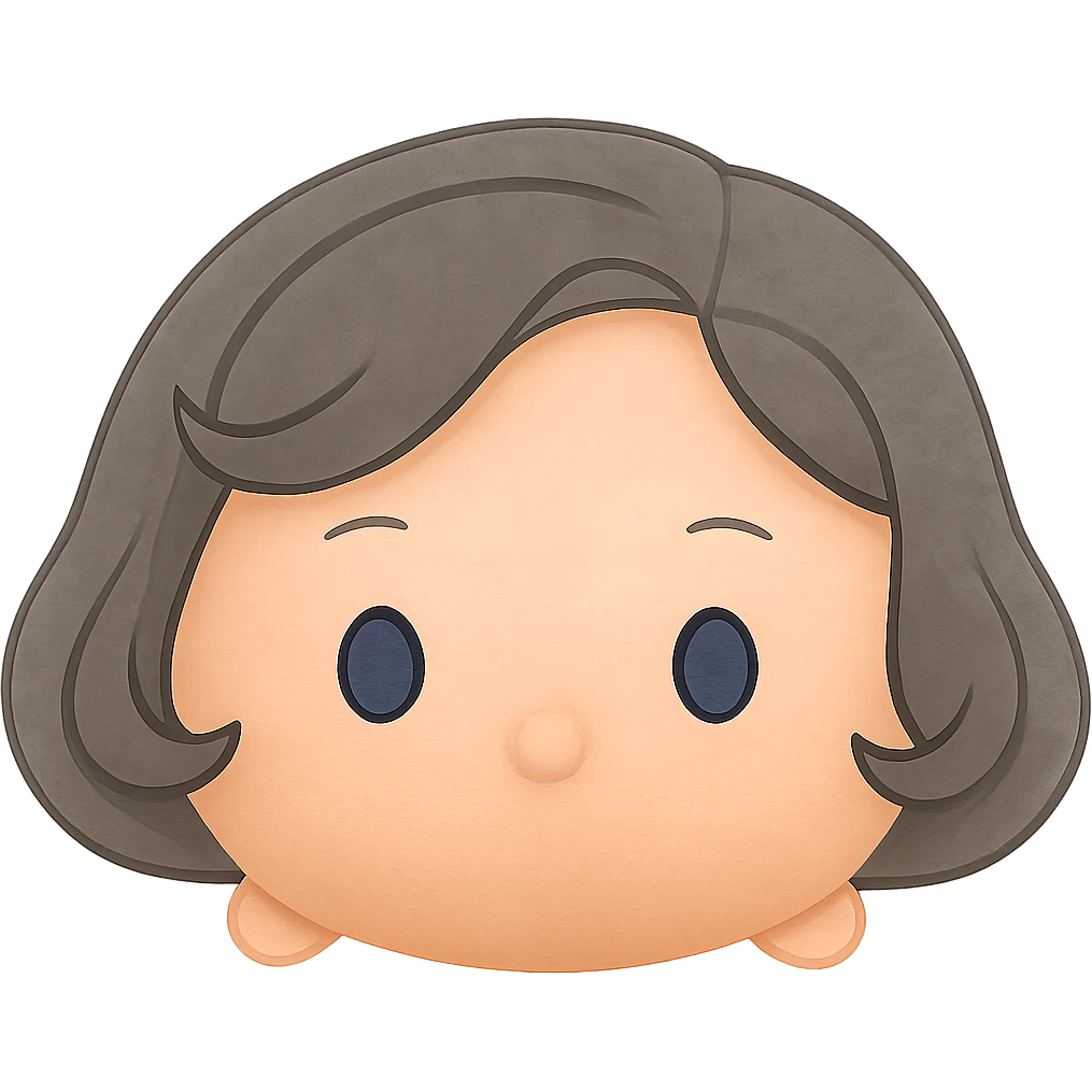 Remove the white border, keep plush tsum tsum style with blue eyes, grey 1940s bob hair, no body, no mouth, and no background. Preserve the plush tsum tsum look and isolate the subject with transparent background. emoji