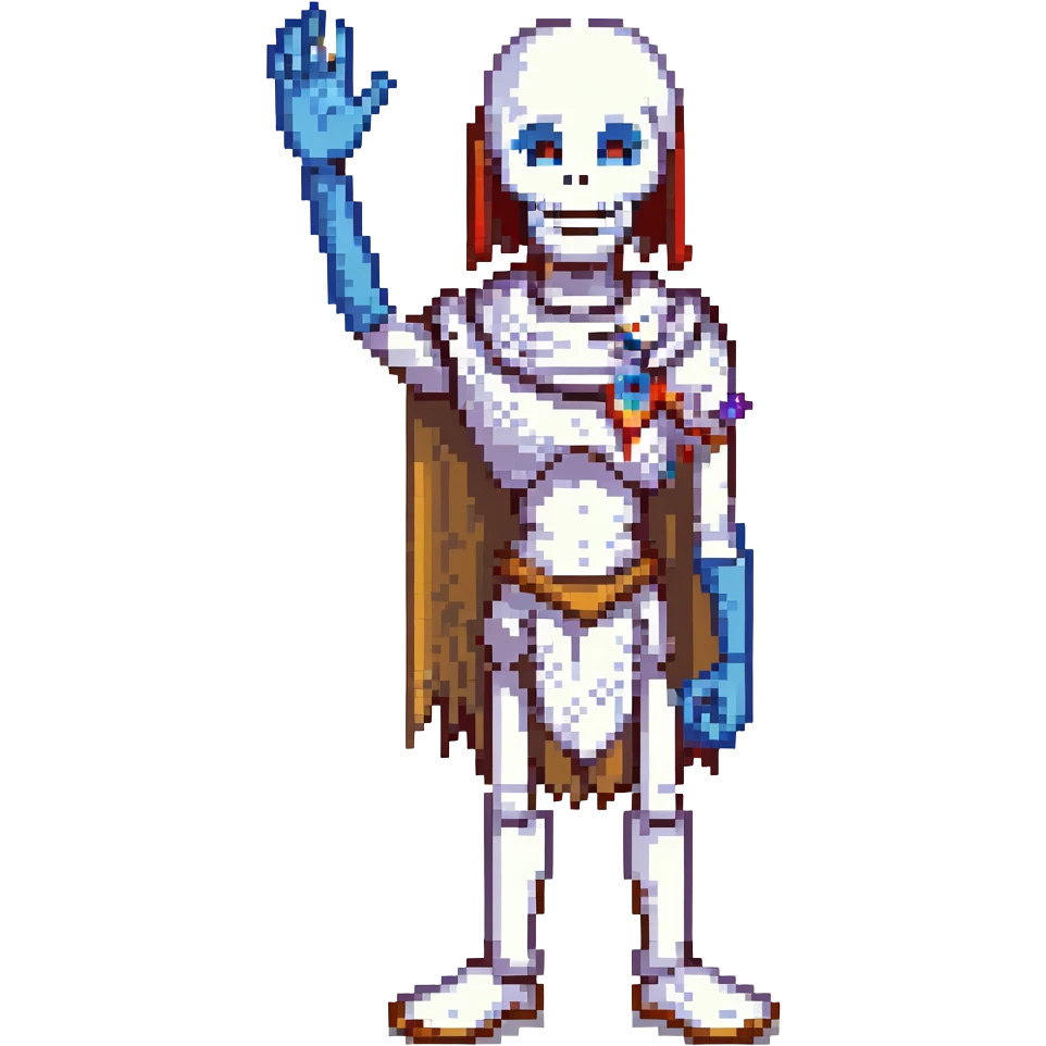 pixel art of Papyrus from Undertale, grinning, standing with one hand raised, minimal background emoji