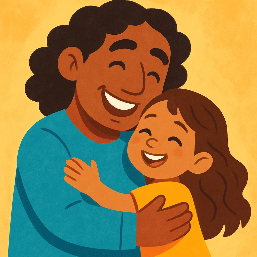 A brown-skinned dad with shoulder-length curly black hair, hugging a young girl with light brown skin and long wavy brown hair, both smiling, soft and colorful style emoji