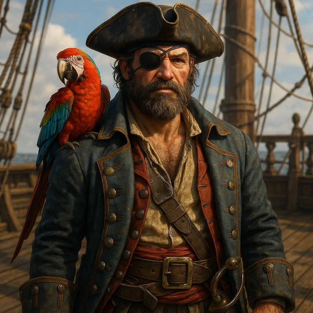 3d art of a pirate with eye patch and parrot in emoji