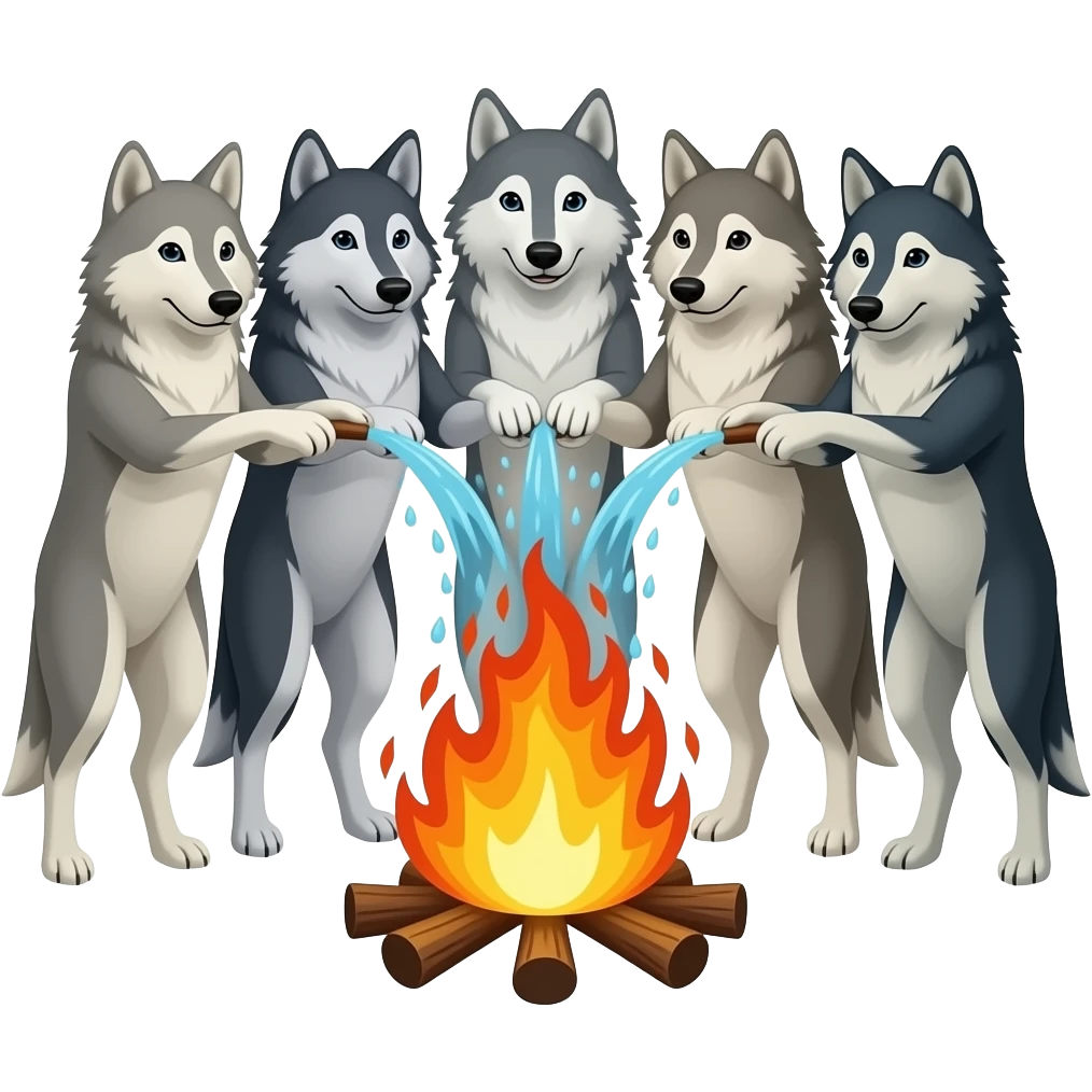 5 wolf standing in front of a fire and try to turn off the fire with water emoji